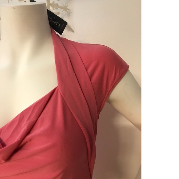 .Le Chateau Corral Peach Salmon Pink Blush Top Asymmetrical Cowlneck Stretchy - Picture 4 of 5